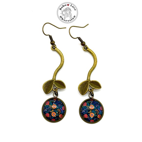 Black Cherry Dangle Earrings, Retro Boho Jewelry, Bohemian Bronze Accessory - Picture 2 of 10